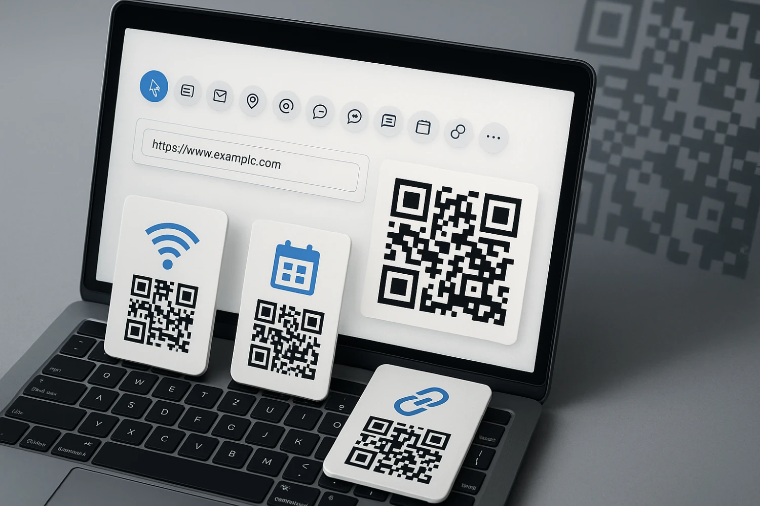 Different QR code types like link, text, email, WiFi, event
